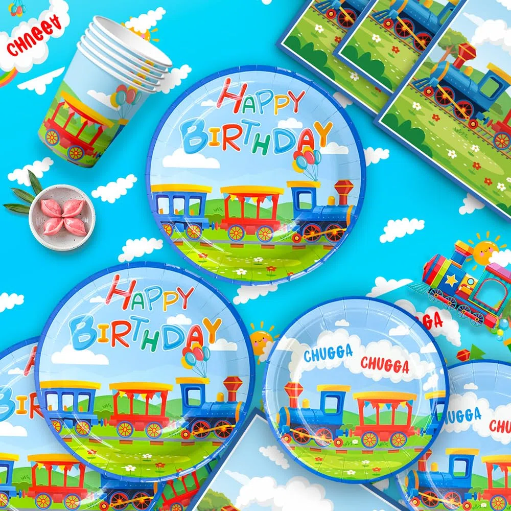 Juego de vajilla para fiesta de cumpleaños, 16 invitados, vajilla de fiesta infantil, cumpleaños, tren o cumpleaños, servilletas, vasos de fiesta, mantel de tren, pancartas, etc. Decoración de