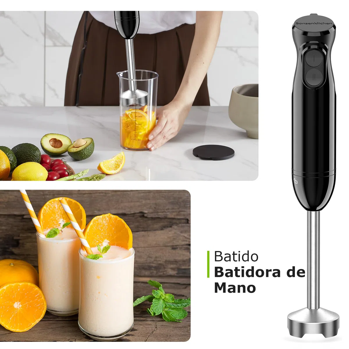 BonsenKitchen Batidora de mano, batidora de inmersión 2 en 1 de mano，vaso de precipitados de 700 ml para hacer alimentos para bebés, batidos, sopas, (negro)