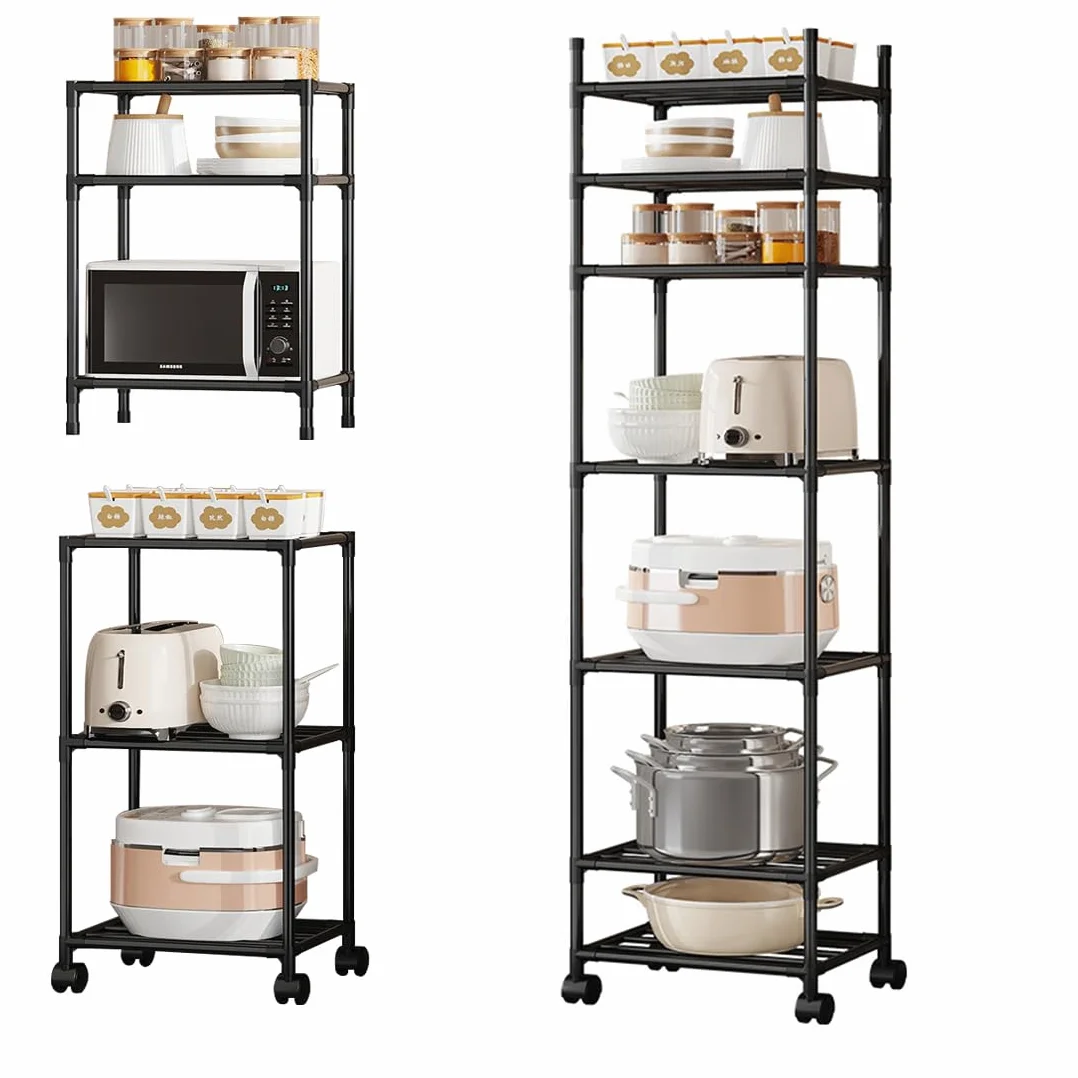 Estantería negra de 42 x 32 x 165 cm, estantería estrecha de 6 niveles con ruedas y patas antideslizantes, estantería ajustable y estante de almacenamiento para garaje, baño, cocina, esquina