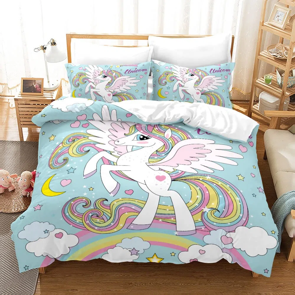 Juego de Ropa de Cama para niña con Unicornio Rosa,Juego de Funda nórdica Infantil con Estampado de Unicornio de Dibujos Animados,con arcoíris,Nubes y Caballos (135 x 200 cm, C)