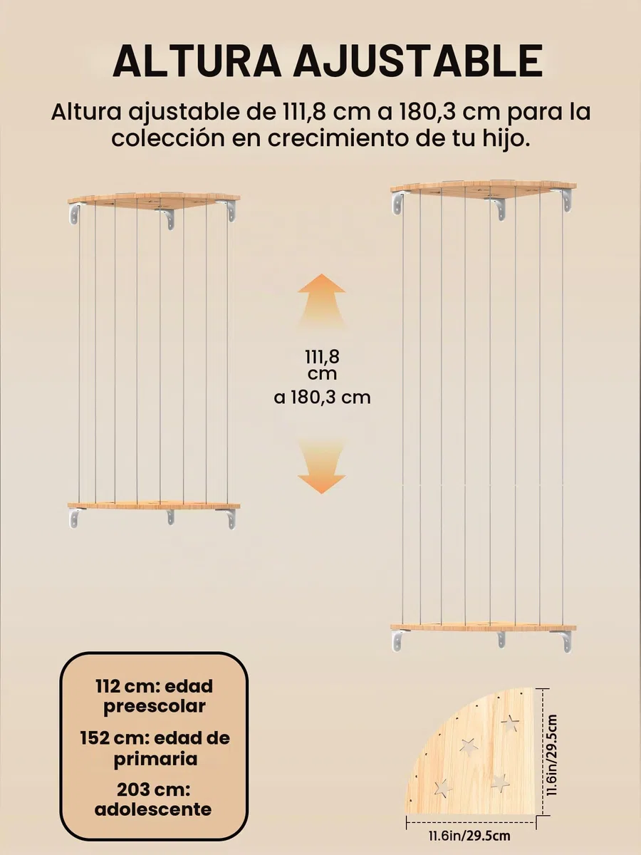 SUNMON Organizador Peluches de Pared Ajustable, Madera Maciza con Diseño de Estrellas, Estante Peluche Colgante, 111-180 cm de Altura, Almacenamiento Juguetes para Habitación Infantil