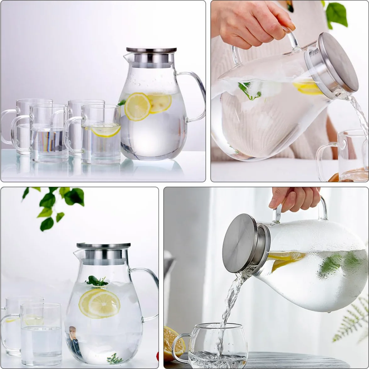 SHINEOFI Jarra de Agua de Vidrio de 2000 Ml Tapa Antigoteo Hervidor de Bebidas Multiusos Hogar Botella Práctica para Jugo y Agua Fría