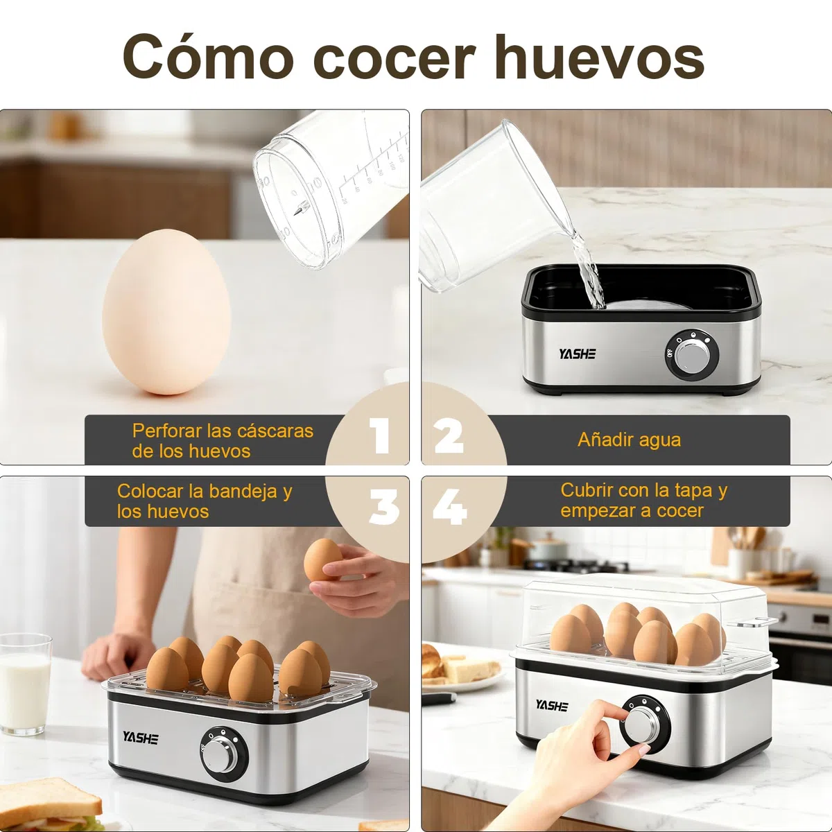 YASHE Cocedor de huevos, 8 huevos duros, para escalfar huevos, recipiente para tortillas y vaso medidor, Fabricado en acero inoxidable, Incluye función para escalfar huevos, libres de BPA