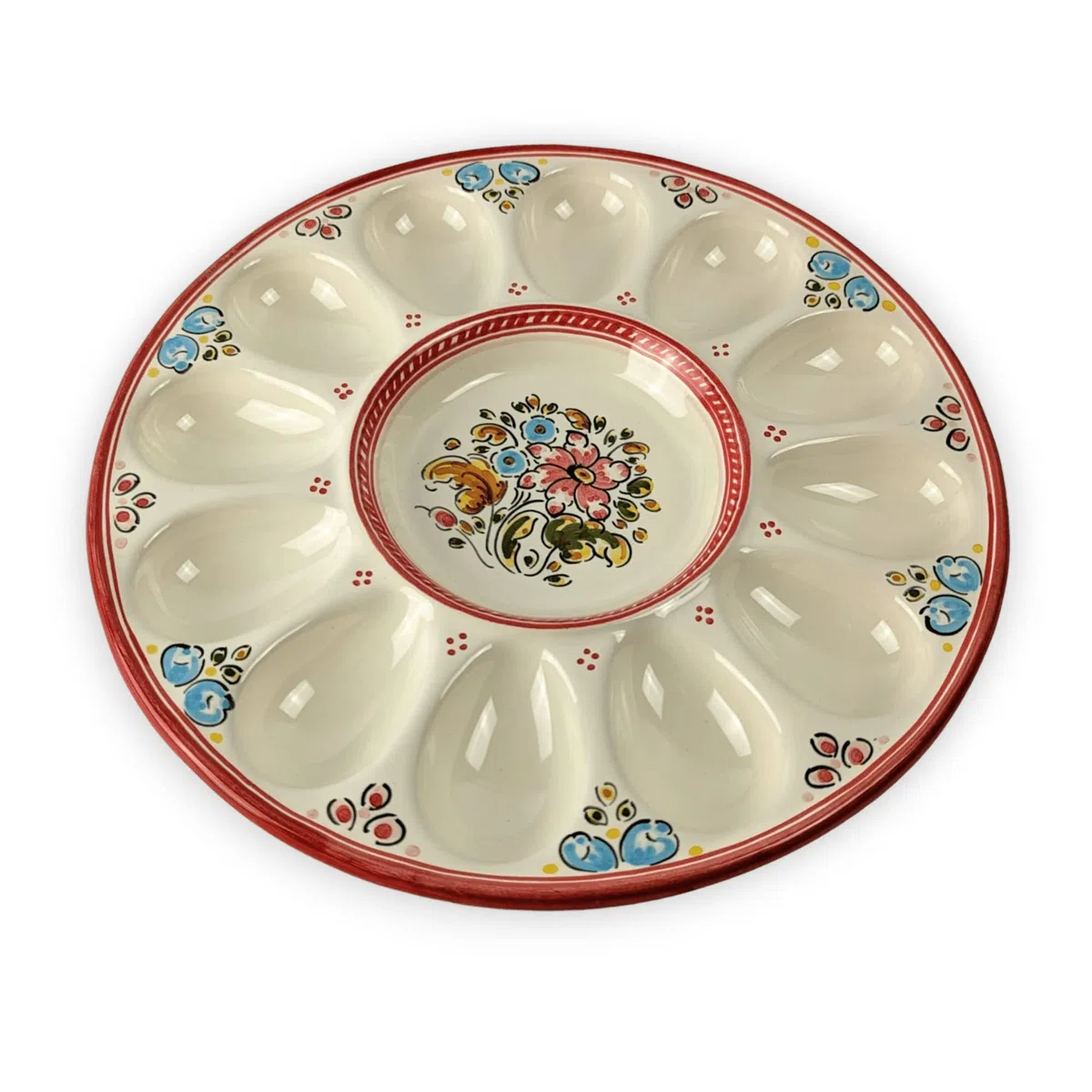 Gónfer - Huevera Plato de Huevos de Cerámica Artesanal Flores Rojo - Bandeja Fuente Huevos Rellenos - Fabricado y Pintado a Mano - Capacidad 12 (26,5 cm Ø)