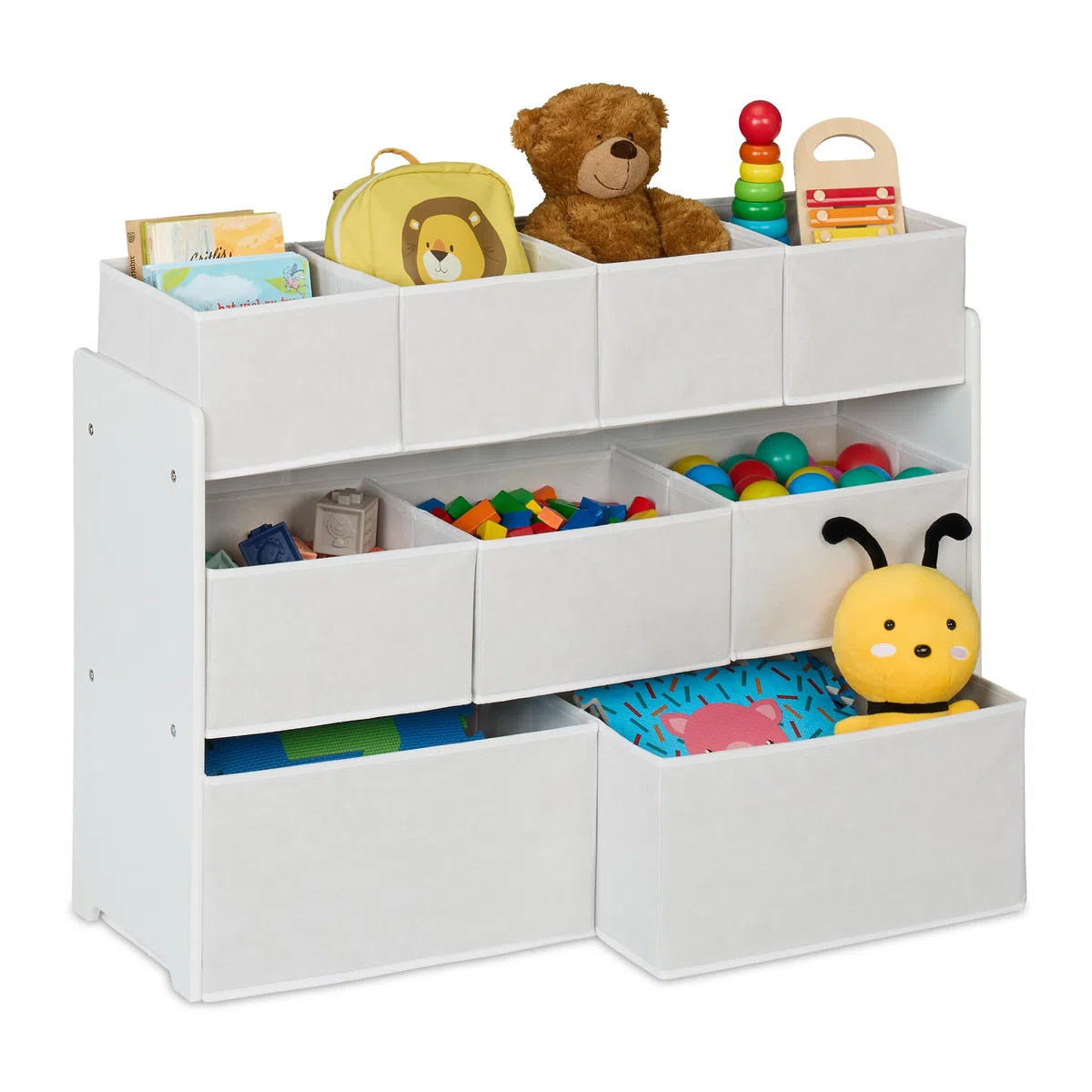 Relaxdays Estantería Infantil con 9 Cajas de Tela, 60 x 92 x 30 cm, Organizador Juguetes, Cómoda Cuarto Niños, Blanco