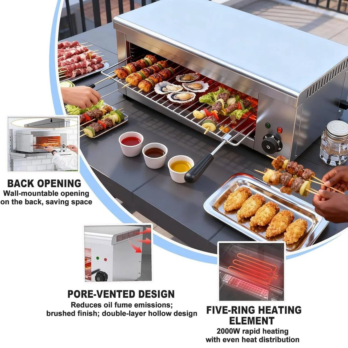 Grill Salamandra Comercial de Sobremesa, Rejilla Ajustable, Fundidor de Queso Eléctrico 2000W, Horno de Acero Inoxidable para Fundir Queso, Tostar Sándwiches, Asar Filetes - 50-300℃
