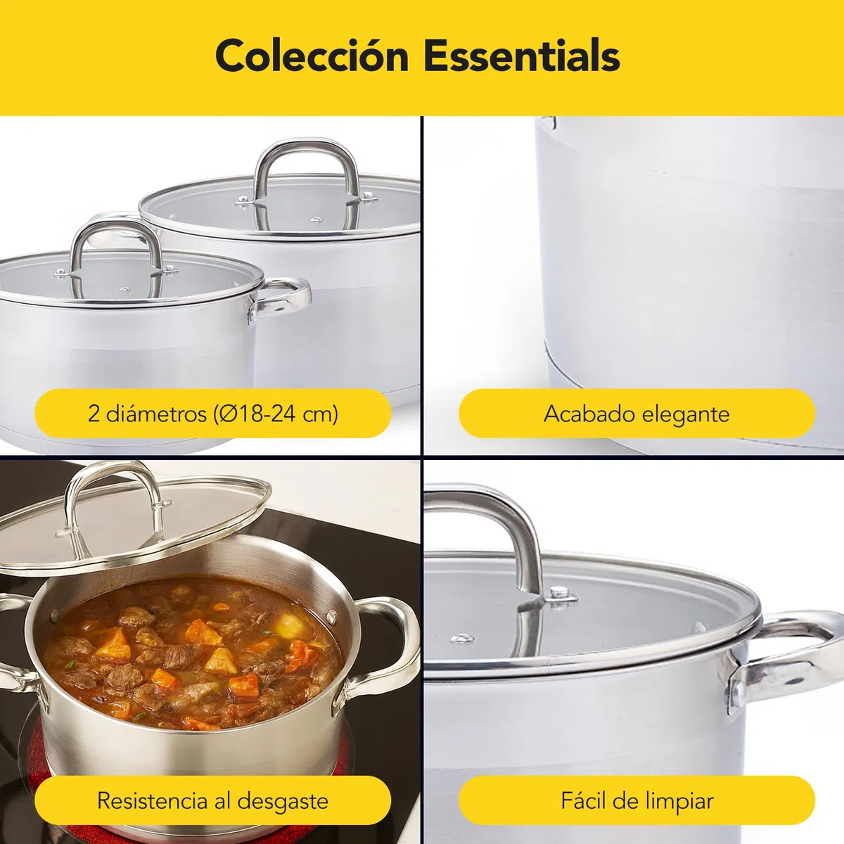CASTEY - Olla Inox Essentials con Tapa 24 cm 5,4 L, Acero Inoxidable, Compatible con Inducción, Gas y Vitrocerámica, Olla Grande para Guisos y Sopas, Menaje de Cocina