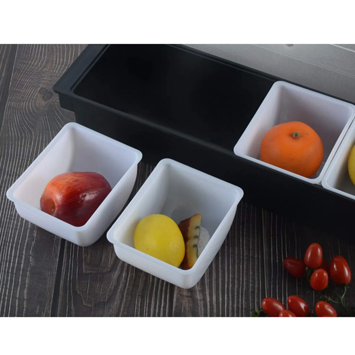 Contenedor de ingredientes ABS con tapa, recipiente para especias y ingredientes, 6 compartimentos de 200 ml, para limones, frutas, aceitunas y cócteles, pizza