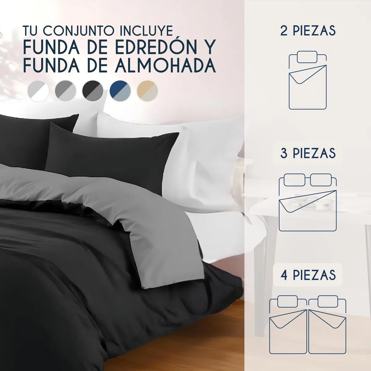 Dreamzie Funda Nordica Cama 240x220 cm con 2 Funda Almohada 50x70 cm - Negro/Gris Oscuro - Funda nordicas 240x220 de 100% Microfibra. Funda Nórdica Certificada sin Productos Químicos