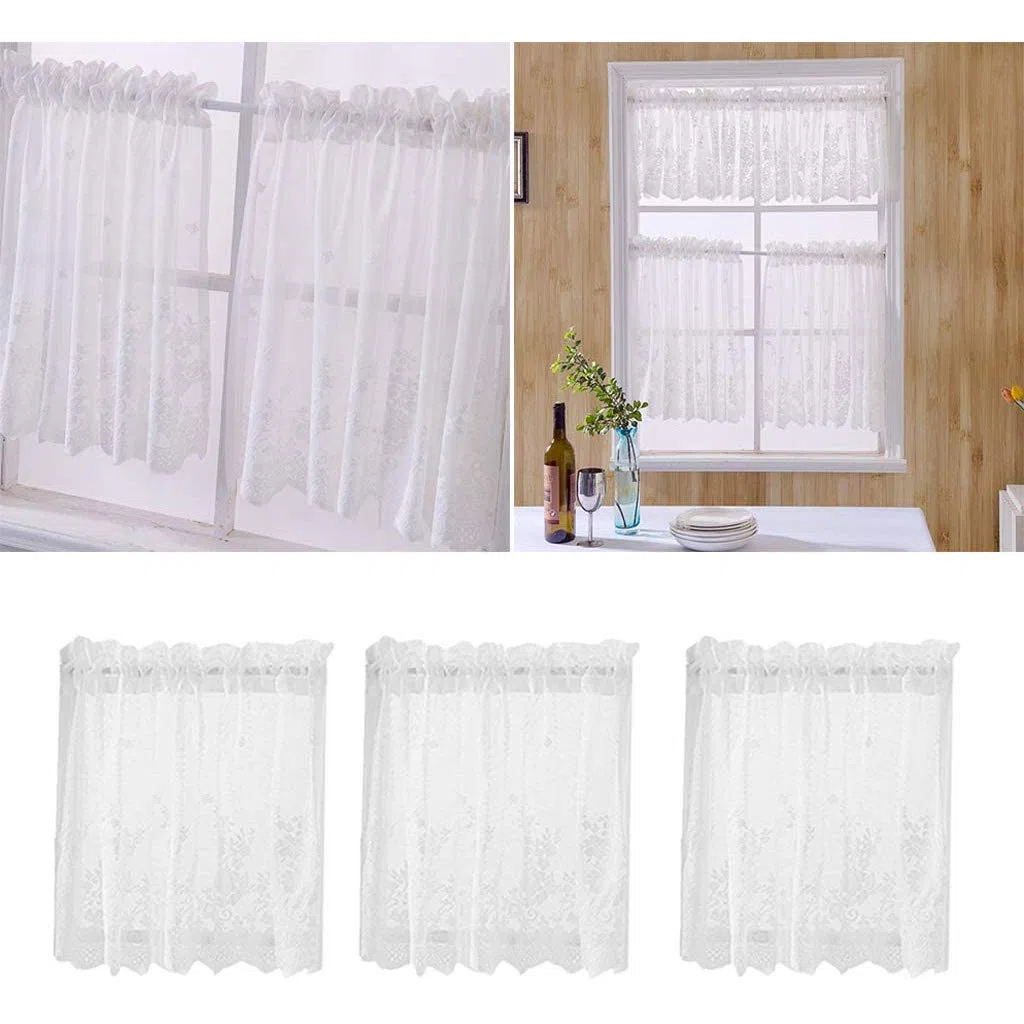POFET 4 Paneles de Encaje Bordado Ventana Pequeña Voile Gasa Volante de Escalones para Cocina, Café, Medias Cortinas con Volante para Decoración del Hogar, etc. 74x61cm, Blanco