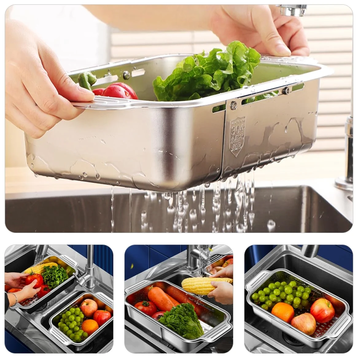 BESPORTBLE Cesta Coladora Expandible de Acero Inoxidable 304 para Fregadero, Escurridor Grande (34-44 Cm), Filtro de Residuos de Cocina y Colador para Verduras y Frutas