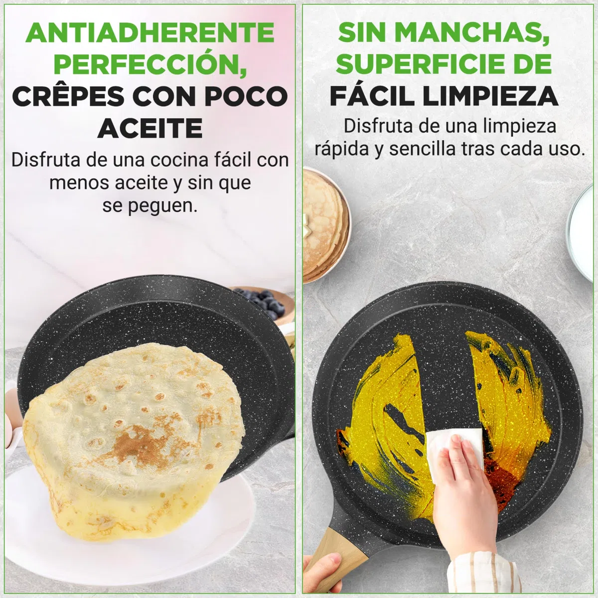 NutriChef sarten para crepes con esparcidor de madera, Tortitas, Panquecas, 11”, Facil de limpiar, Antiadherente, Con recubrimiento de marmol