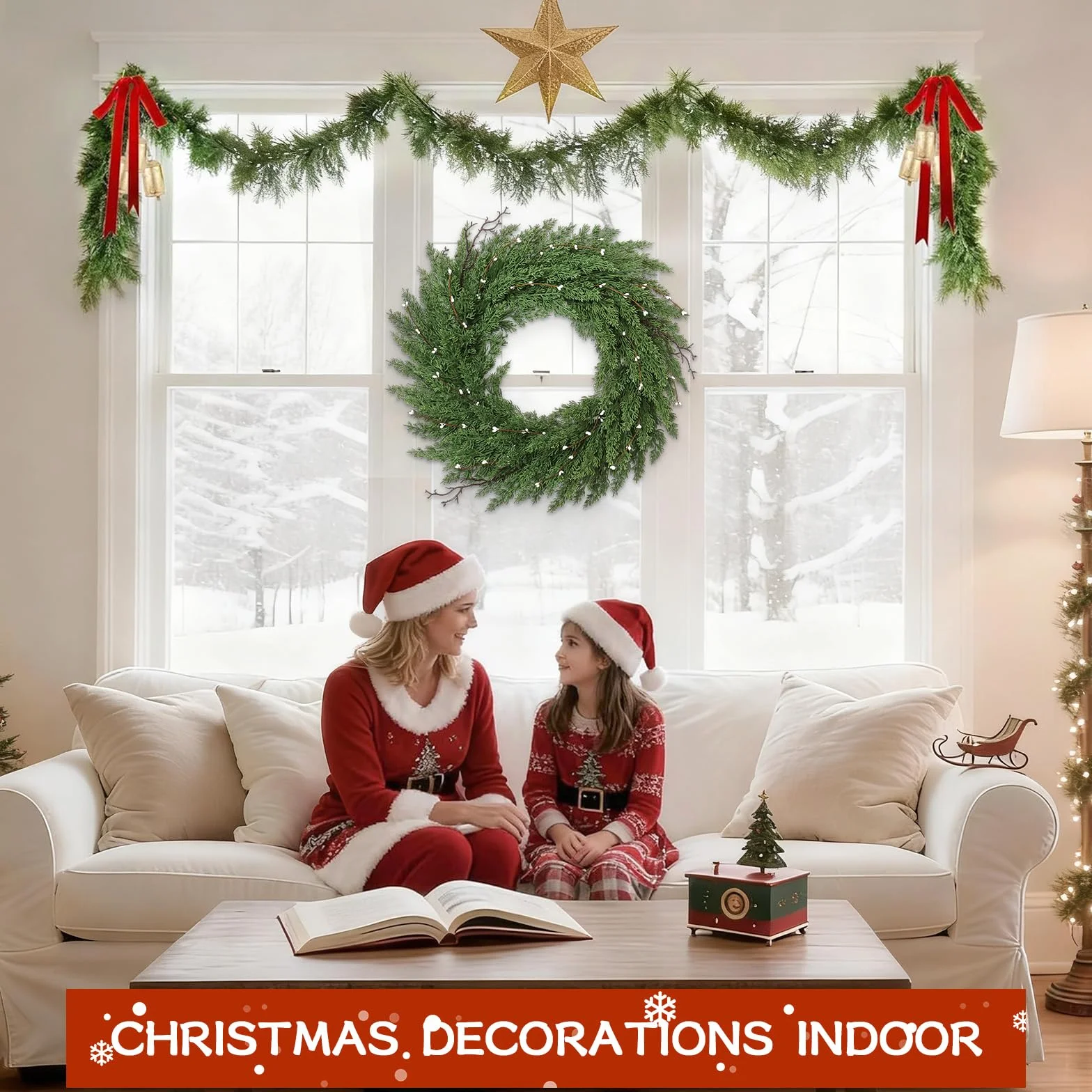 Weldomcor Corona de Navidad para Puerta 56 cm Grande Corona Navidad Puerta Verde Guirnalda Navidad Pino Norfolk Pine Corona de Adviento Adornos Navidad para Balcón Paredes Ventanas