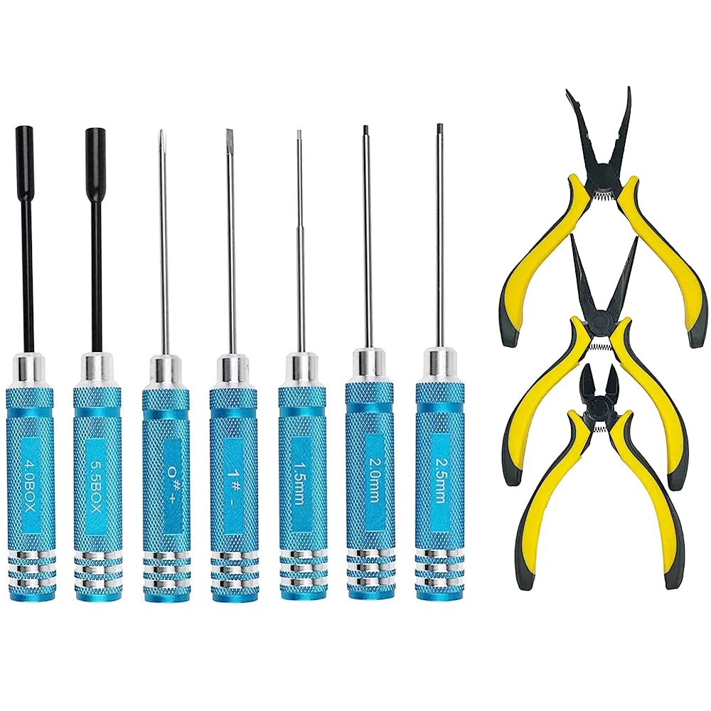 Juego de herramientas RC 10 en 1 de acero inoxidable, alicates de destornillador de manga hexagonal, kits de reparación de zócalos para coches RC, barco, cuadricóptero, helicóptero, modelos
