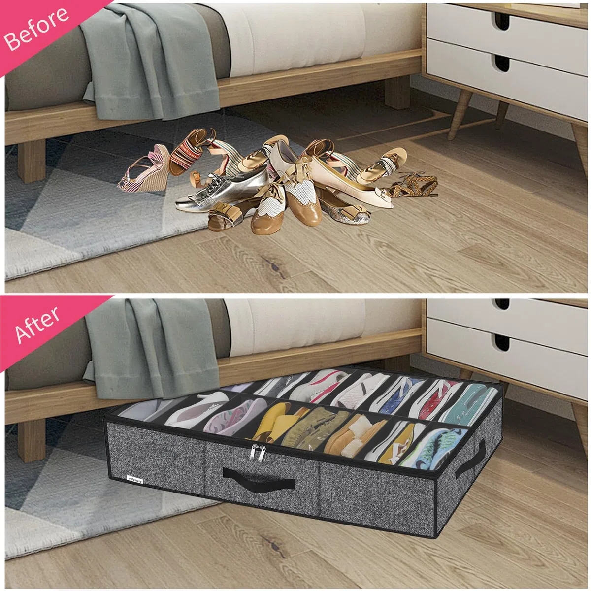 Onlyeasy MXBUBS16P2 - Organizador resistente, almacenamiento zapatos, bajo la cama, asas y ventana transparente, 16-32 pares, plegable, alta calidad, armario, 96 x 60 x 15 cm, negro, similar algodón