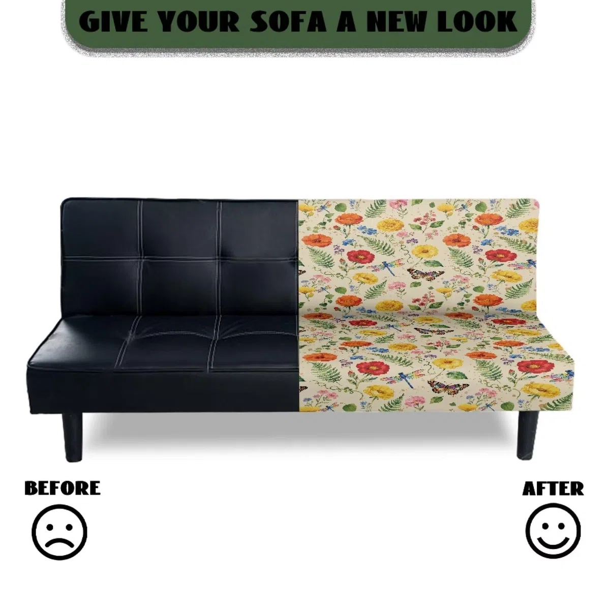 Xoenoiee Funda para futón, funda de sofá sin brazos, funda elástica para sofá, funda de sofá lavable, protector de muebles, mariposa y libélula floral