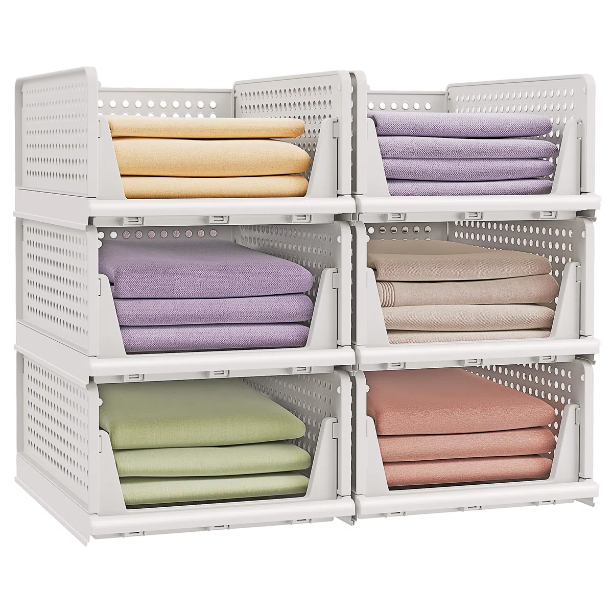SONGMICS Organizador de Armario Plegable, Apilable, Cesta Extraíble, Juego de 6, Almacenamiento y Organización, Plástico, Dormitorio, Oficina, Baño, Blanco LPC600WZ01