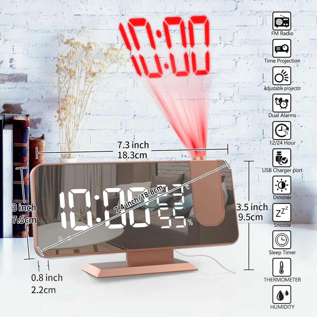 Reloj Despertador con Proyector Funciona con Red, para mesita de Noche Temperatura Indicador de Humedad Incluye Adaptador