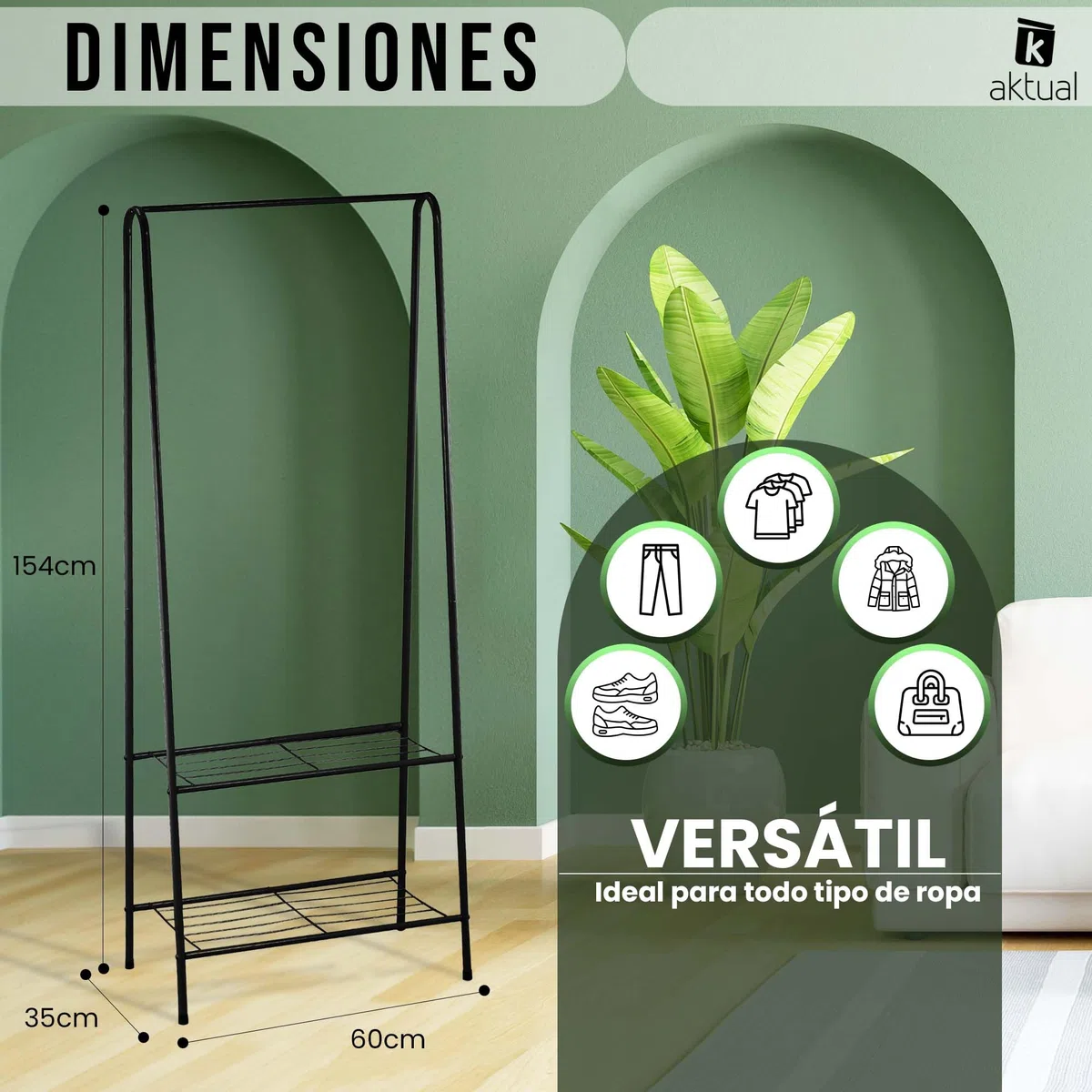 Perchero burro y zapatero -Burro ropa con 2 estantes - Medida 60 x 152 x 35 cm - Perchero burro ropa resistente de metal - Incluye 5 perchas de terciopelo