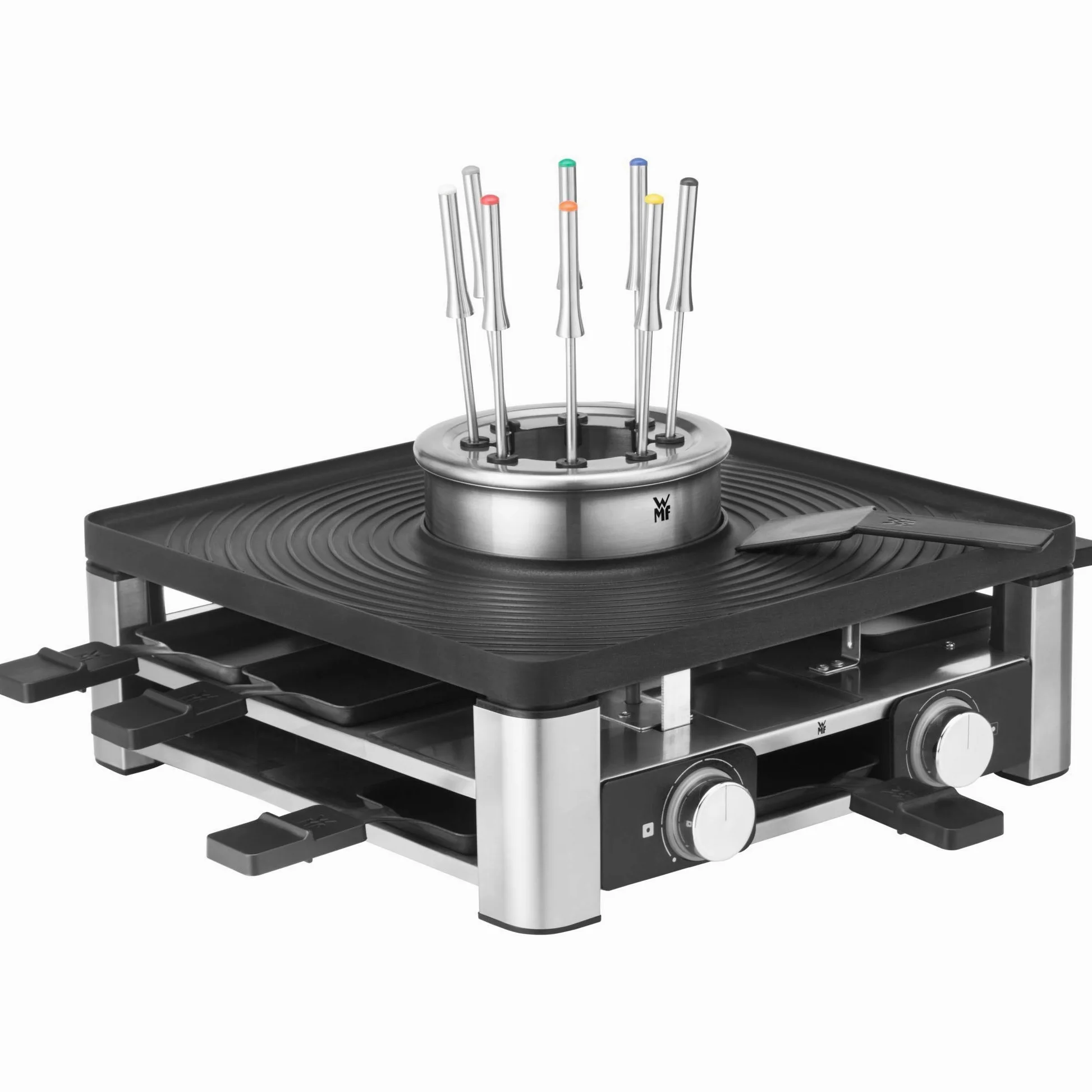 WMF Lumero - Grill Gourmet 3 en 1, 3 funciones Raclette, Fondue, Grill iluminación LED, Gourmet, hasta 8 personas, hasta 1 L, acero inoxidable, antiadherente