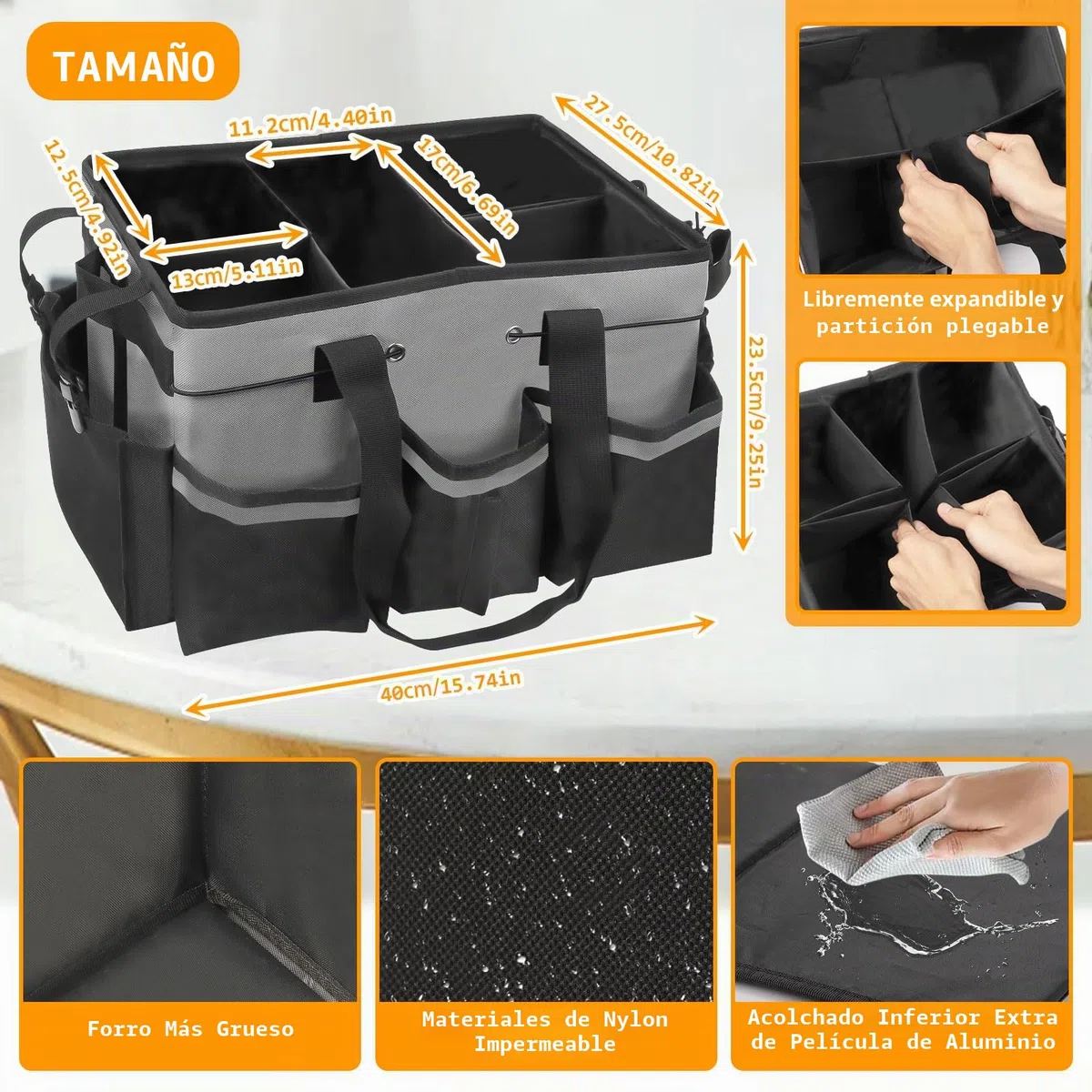 Organizador Caddy Limpieza Grande, Bolsa Limpieza Portátil con Asa y Correas, Carro limpieza con 5 Divisores Plegables, Multifunción Espesado Cesta de Herramientas para Casa, Coche, Jardín (gris)