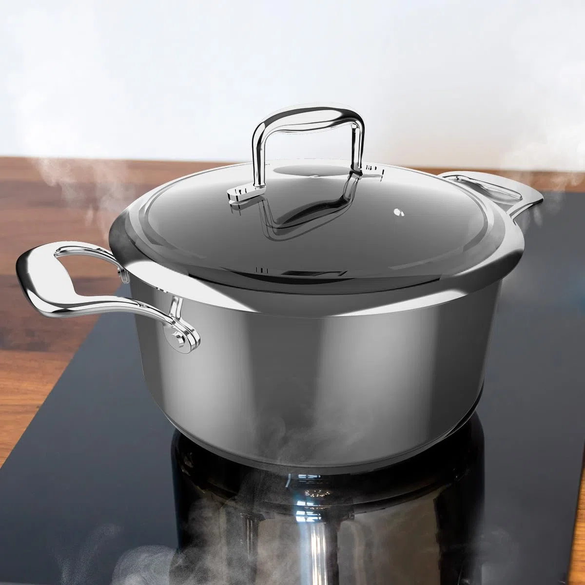 Cecotec Olla Polka Classy 24 Pot Steel. Diámetro 24 cm, Capacidad 4 L, Acero Inoxidable 18/10, Revestimiento Antiadherente, Asas Remachadas, Tapa de Cristal, Apta para todo tipo de Cocinas