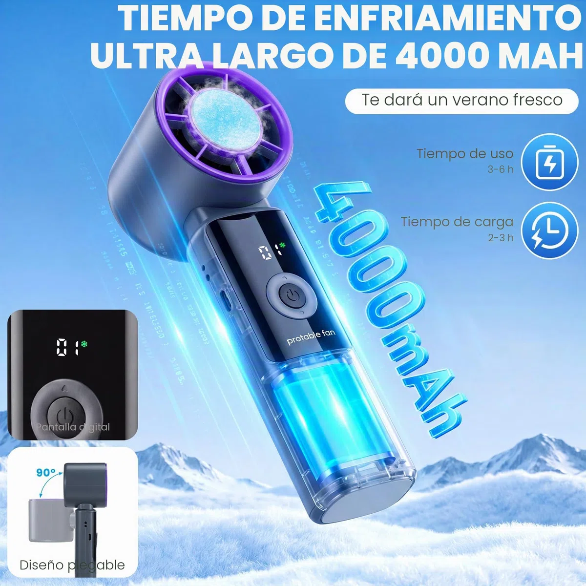 3 en 1 Ventilador Portatil Potente de Mano 5 Velocidades Ventilador Turbo con Aire Acondicionado Recargable 4000mAh Plegable Mini Ventilador Personal para Hogar Oficina Viajes Exterior