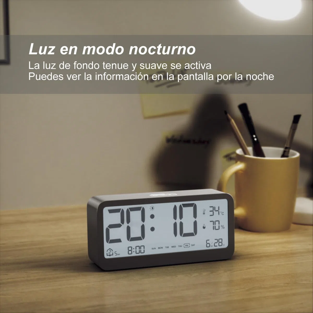 Reloj Despertador Digital a Pilas con Calendario | Temperatura | Humedad | Pantalla LCD | Doble Alarma | Repetición y Retroiluminación Reloj Pequeño de Sobremesa (Negro)