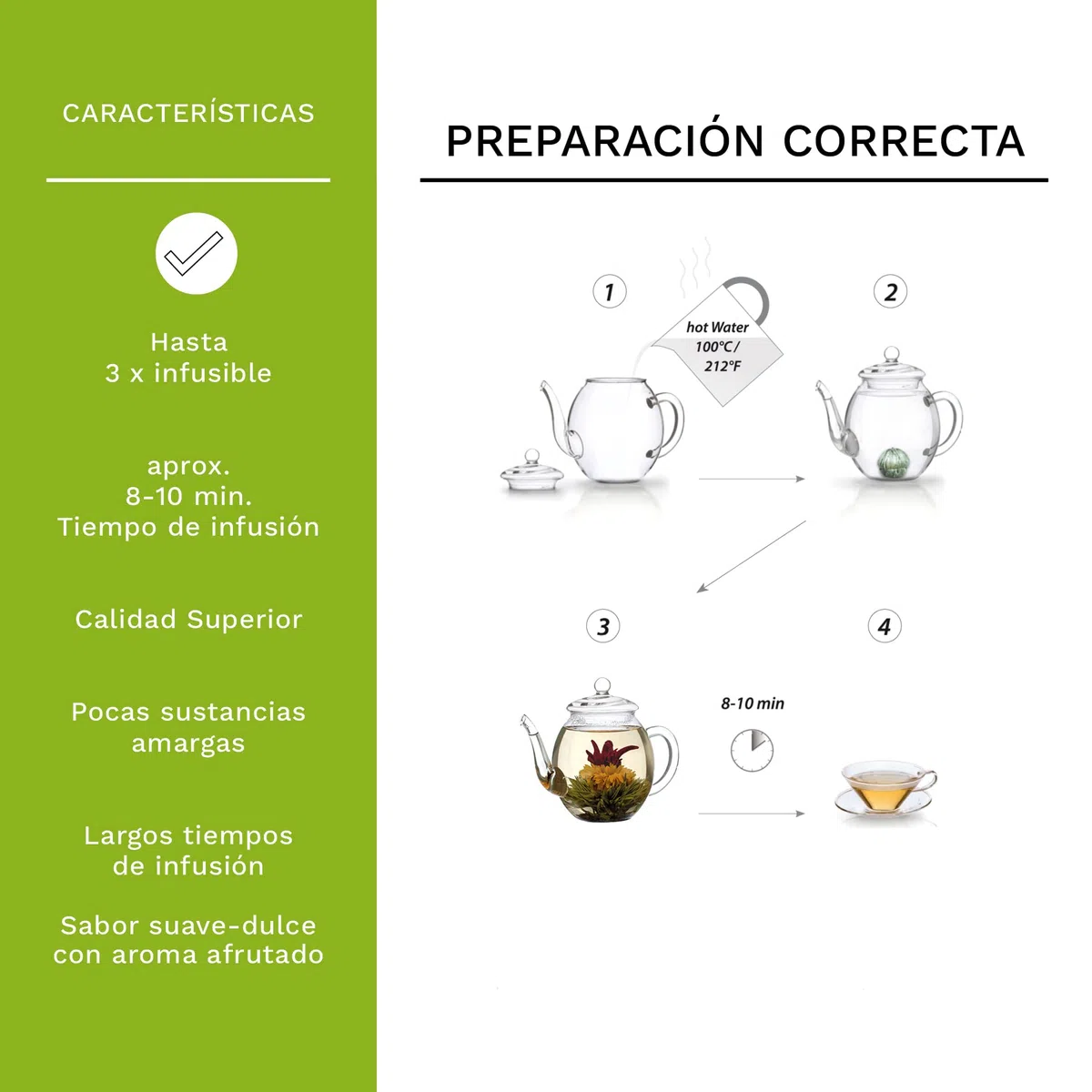 Creano Flores de Té Verde 6 uds en Caja Corazón con Tetera de Vidrio 500ml Antigoteo – 6 Variedades – Regalo Romántico para Ella