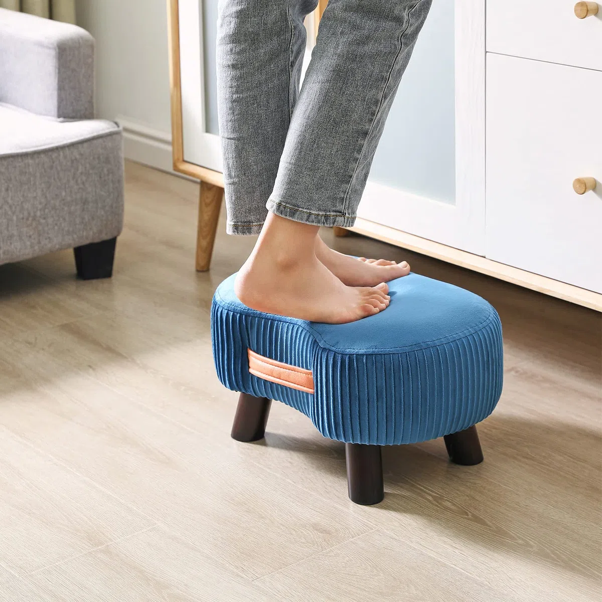 YMYNY Puf Otomana De Madera, Reposapiés Curvo Pequeño con Asa, Taburete De Sofá con Cojín De Asiento Suave, para Dormitorio, Sala De Estar, 40 × 28 × 23 CM, Azul Marino HBD021Q