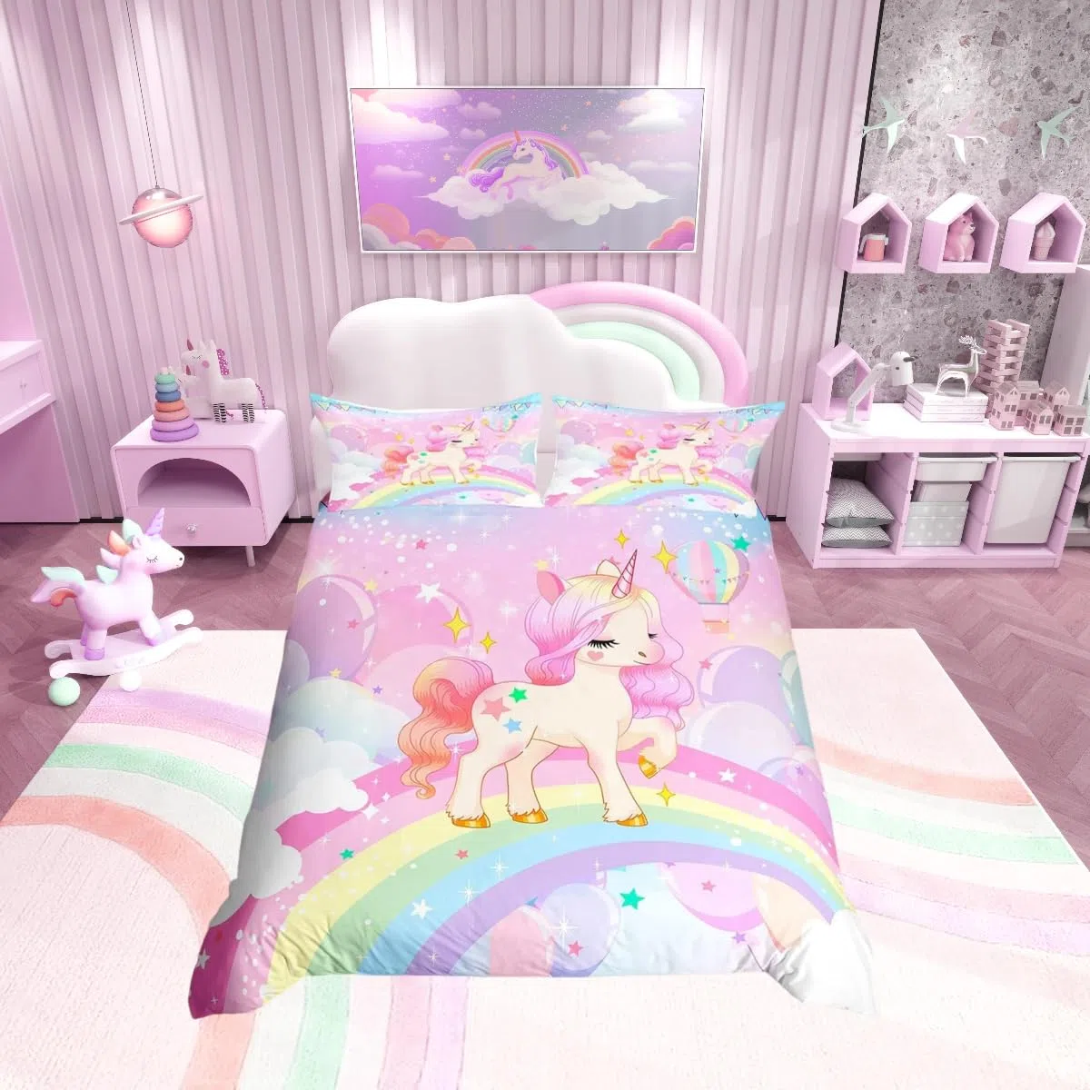 Loussiesd Juego de cama para niñas, diseño kawaii de unicornio y arcoíris, funda nórdica de dibujos animados, galaxia, estrellas, animales, 2 fundas de almohada, tamaño doble