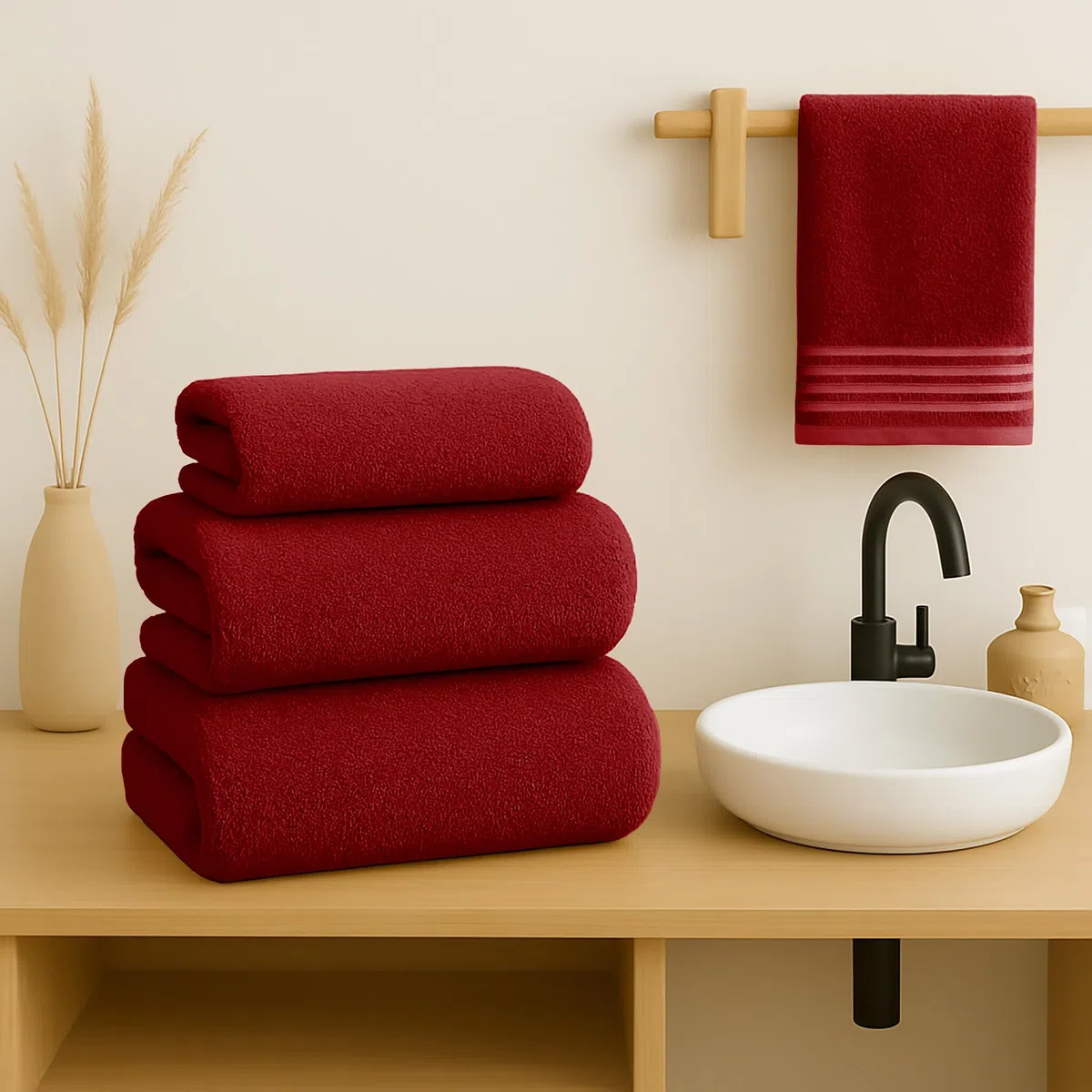 Juego de Toallas de Baño Completo 500 Gr Liso - Toallas Baño Grandes y Pequeñas Rizo 100% Algodón - Pack (2 Lavabo + 2 Ducha) - Alta Absorción - Toalla Algodon - Granate