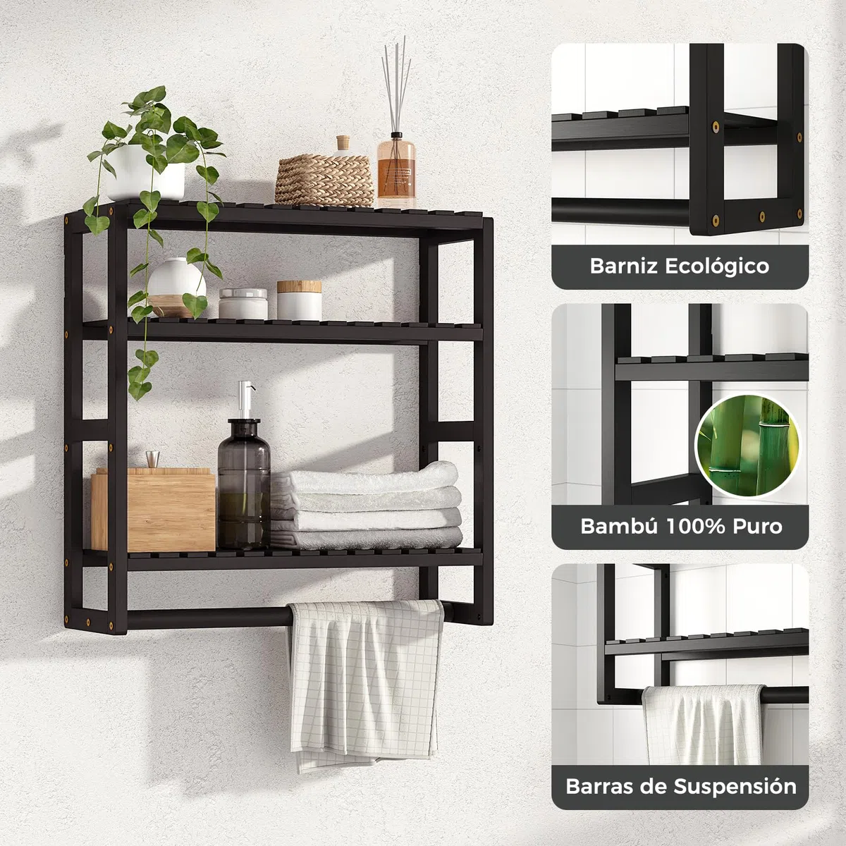 Bamworld Estantes flotantes de almacenamiento de baño de 3 niveles – Bambú multifuncional ajustable sobre estante de inodoro organizador de baño para ahorrar espacio almacenamiento de montaje en pared