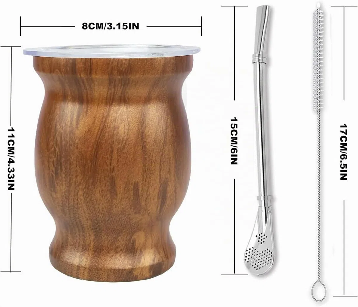 Juego de Taza Mate con Pajita y Cepillo Limpieza - Set Té Mate Madera