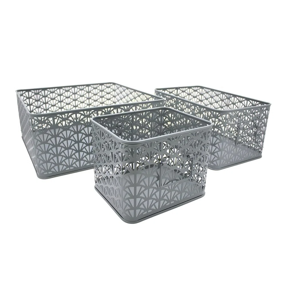 Box and beyond – Juego de 3 cestas de almacenamiento – metal verde – con asas – calado – almacenamiento, decoración, dormitorio, sala de estar, oficina, estilo elegante y elegante