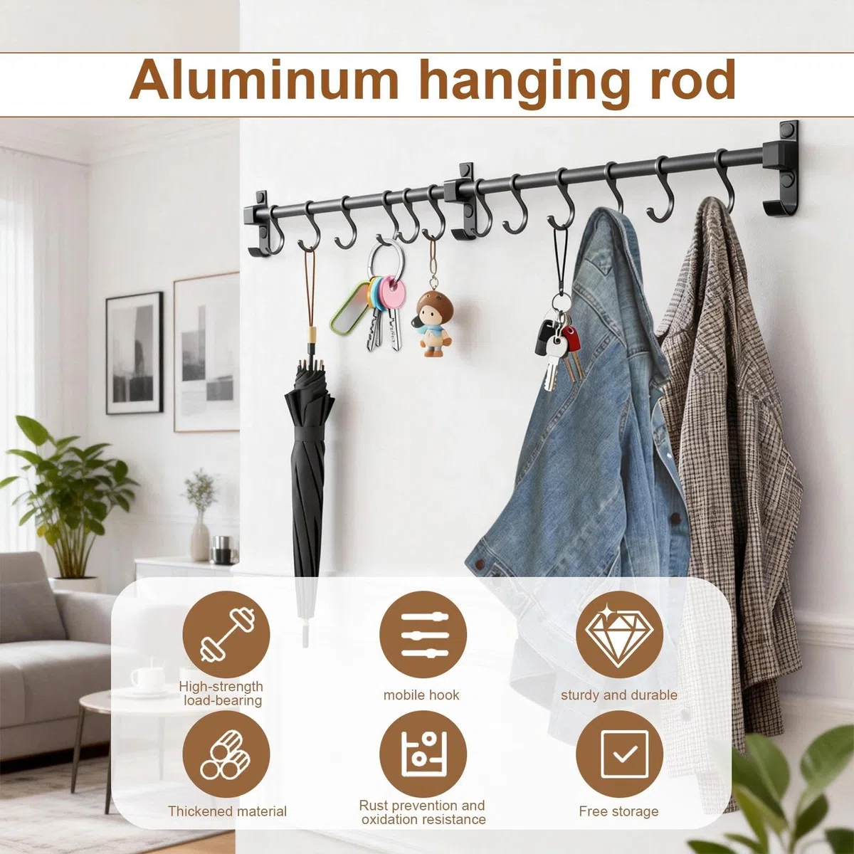 Ganchos Barra Accesorios Cocinas 80 cm, Colgador Utensilios Cocina con 12 Ganchos Extraíbles, Aluminio Barra Colgante de Cocina, Negro, para Colgar Tablas de Cortar, Cucharas, Tijeras