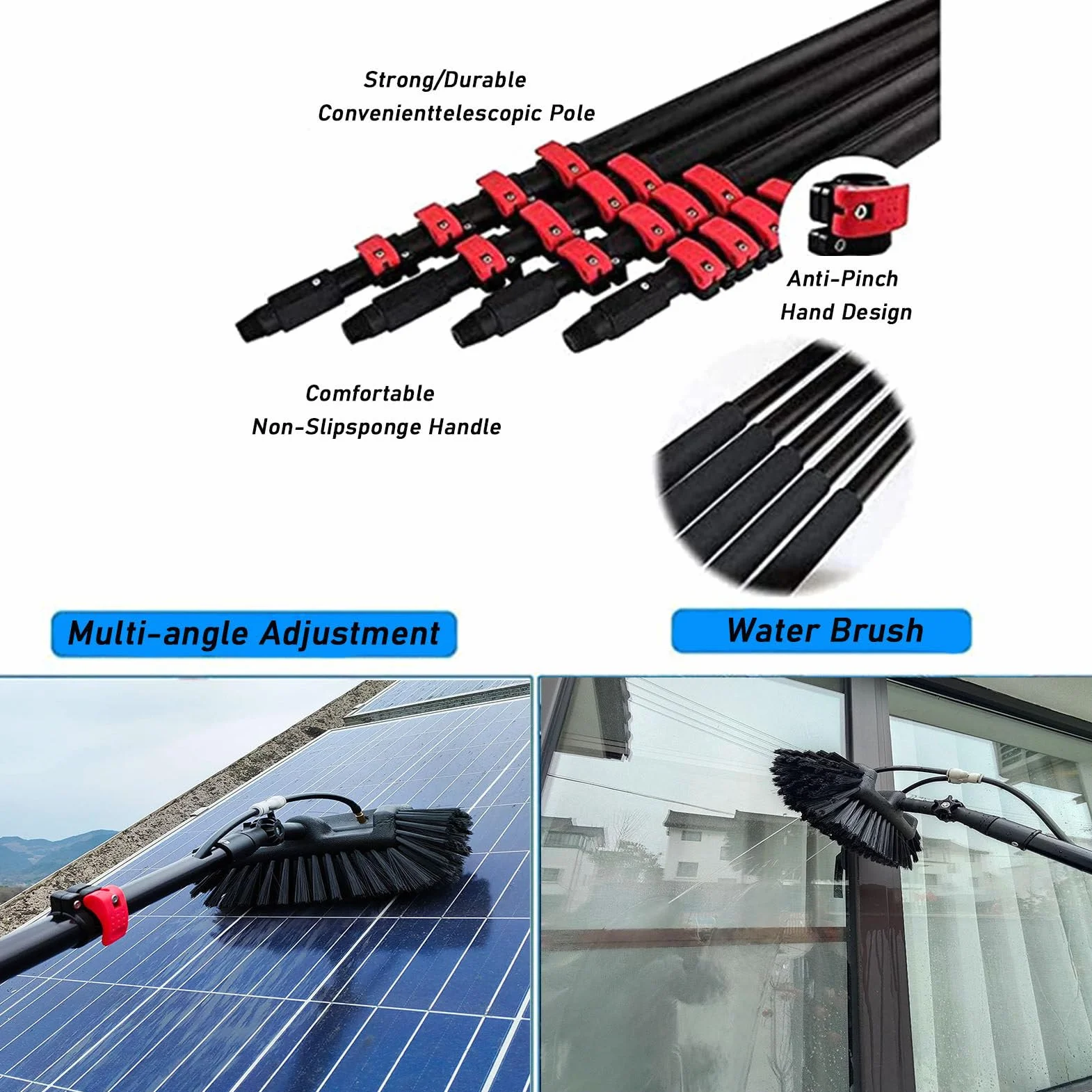 Pértiga de Limpieza de Ventanas de 5 a 12 m con Cepillo telescópico y depósito de Agua, se extiende para Limpiar techos, Paneles fotovoltaicos y solares, Cabezal de cepil