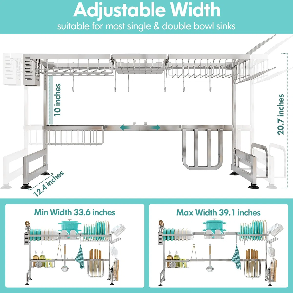 MAJALiS Escurridor de platos sobre el fregadero, 2 niveles de acero inoxidable, longitud ajustable (33.5-40 pulgadas), estante escurridor expandible con organizadores multifuncionales, plateado