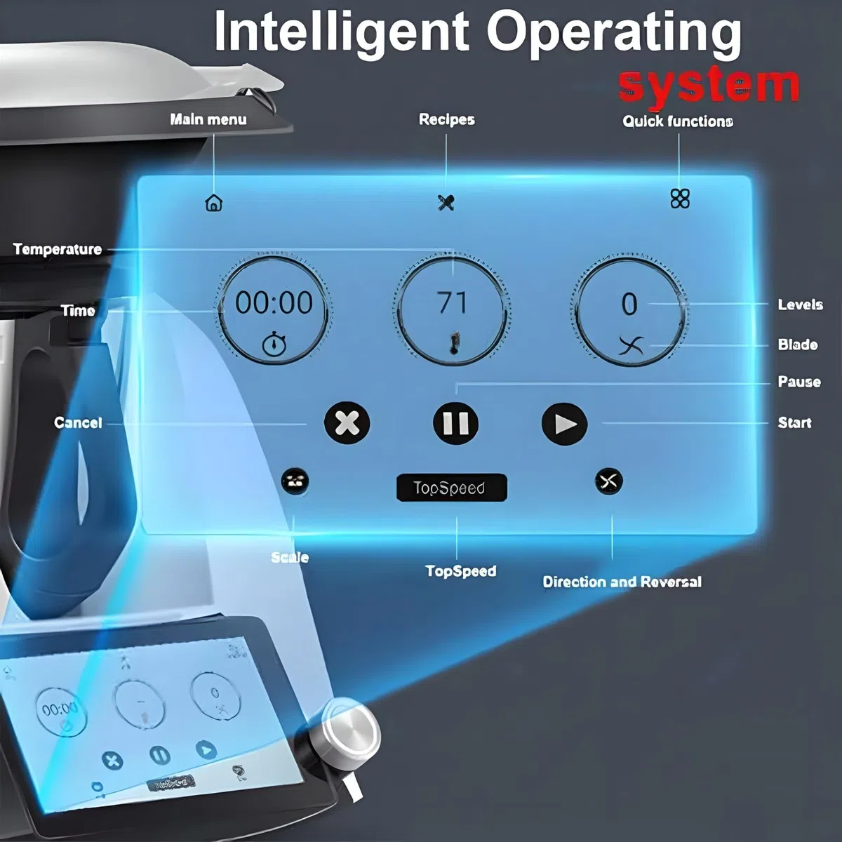 Robot de Cocina Inteligente Thermomixer Eléctrico, Máquina de Cocina Automática de 1500W con Pantalla Táctil WiFi de 7 Pulgadas, Cuenco de Mezcla de 2L y Vaporizador de 3L