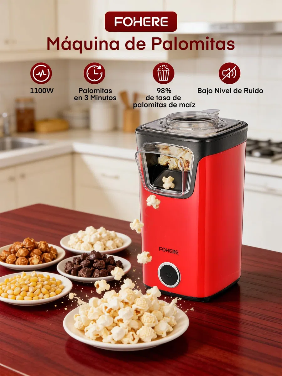 FOHERE Palomitero, 1100W Electrico Palomitera, Maquina de Palomitas Con Taza Medidora y Tapa Transparente, Sin Grasas Ni Aceites, Saludable y Delicioso, Ideal para Noches de Cine y Navidad