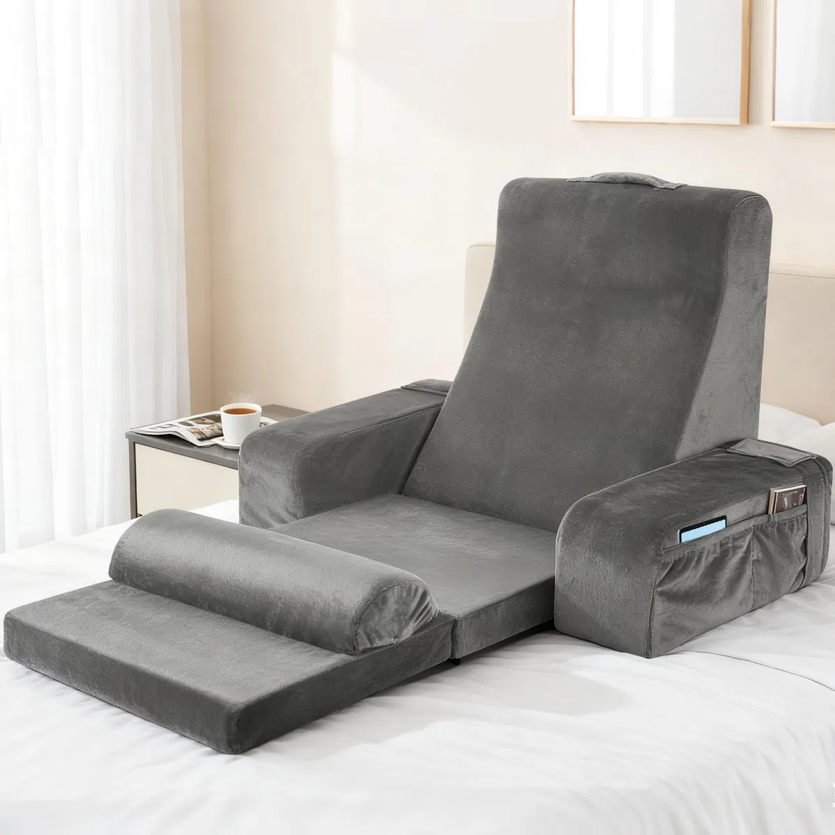 Cojín grande de lectura con reposacabezas y reposabrazos extraíbles, hueso de lectura para adultos con funda lavable de fibras largas, cojín ergonómico para respaldo de respaldo para leer