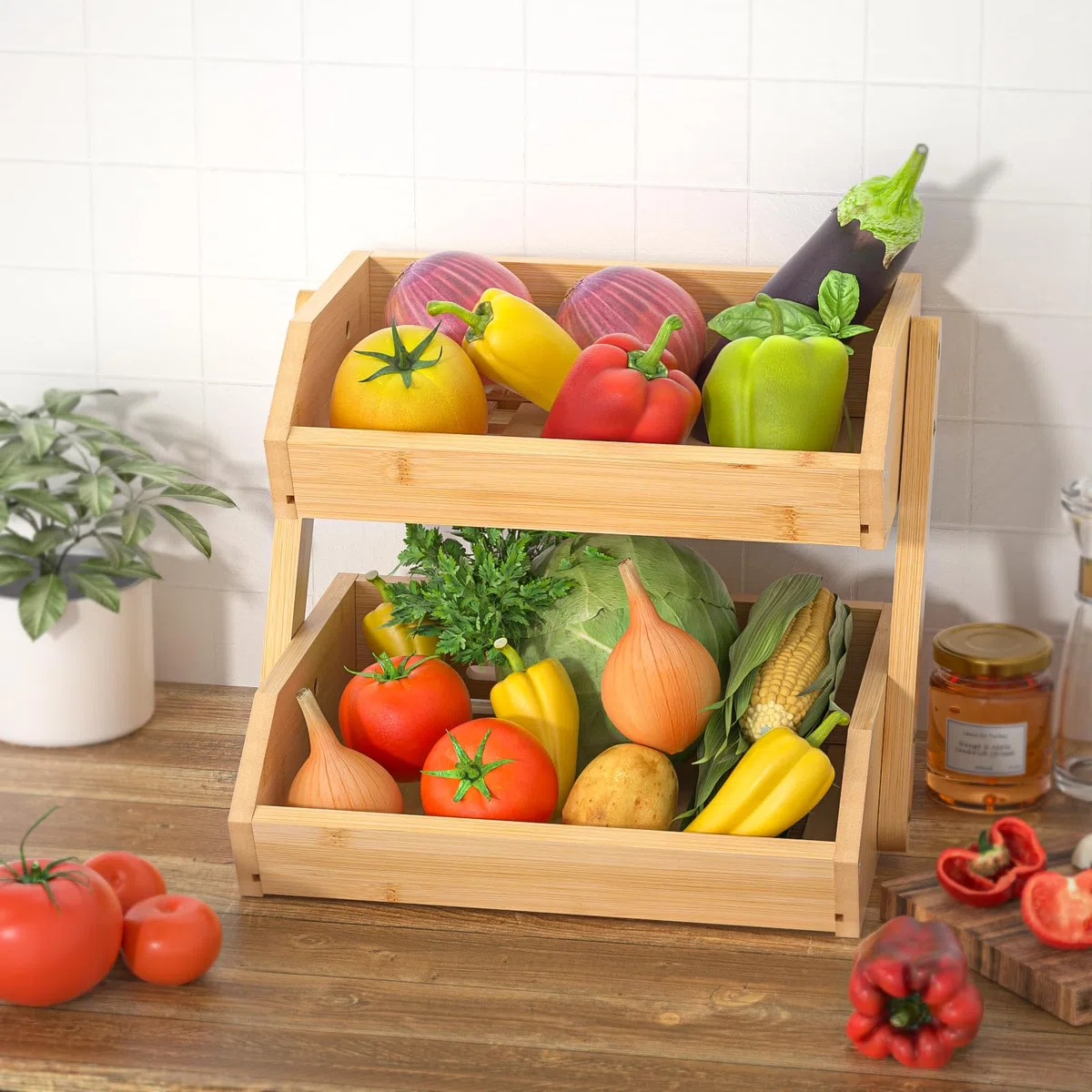 Calm Cozy Soporte de bambú para Cesta de Frutas, 2 Niveles Estante para Frutas,Cesta de Almacenamiento de Pan, Soporte para Verduras para encimera de Cocina