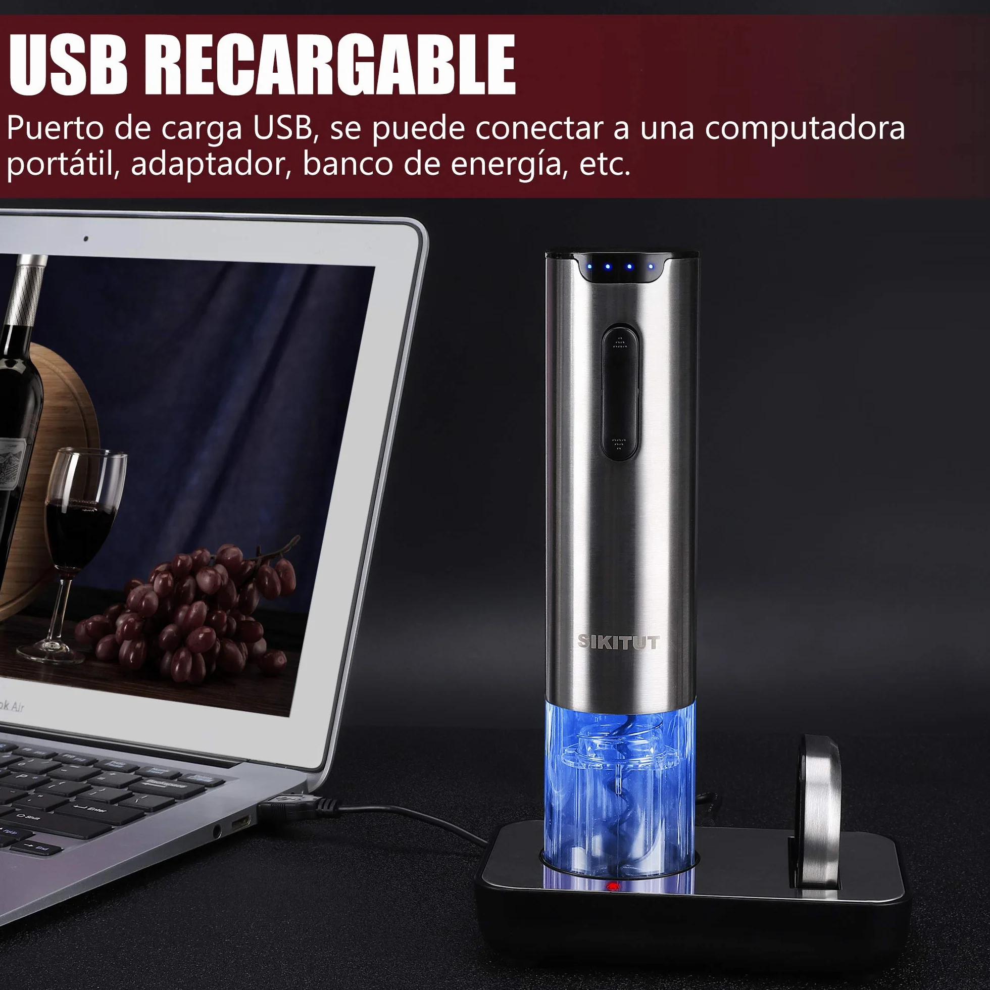 Sacacorchos Eléctrico,SIKITUT Abridor Botellas de Vino Inalámbrico,Automatico Abrelatas de Vino con Indicador LED de Batería y Base de carga USB y Cortador de Papel,Acero Inoxidable