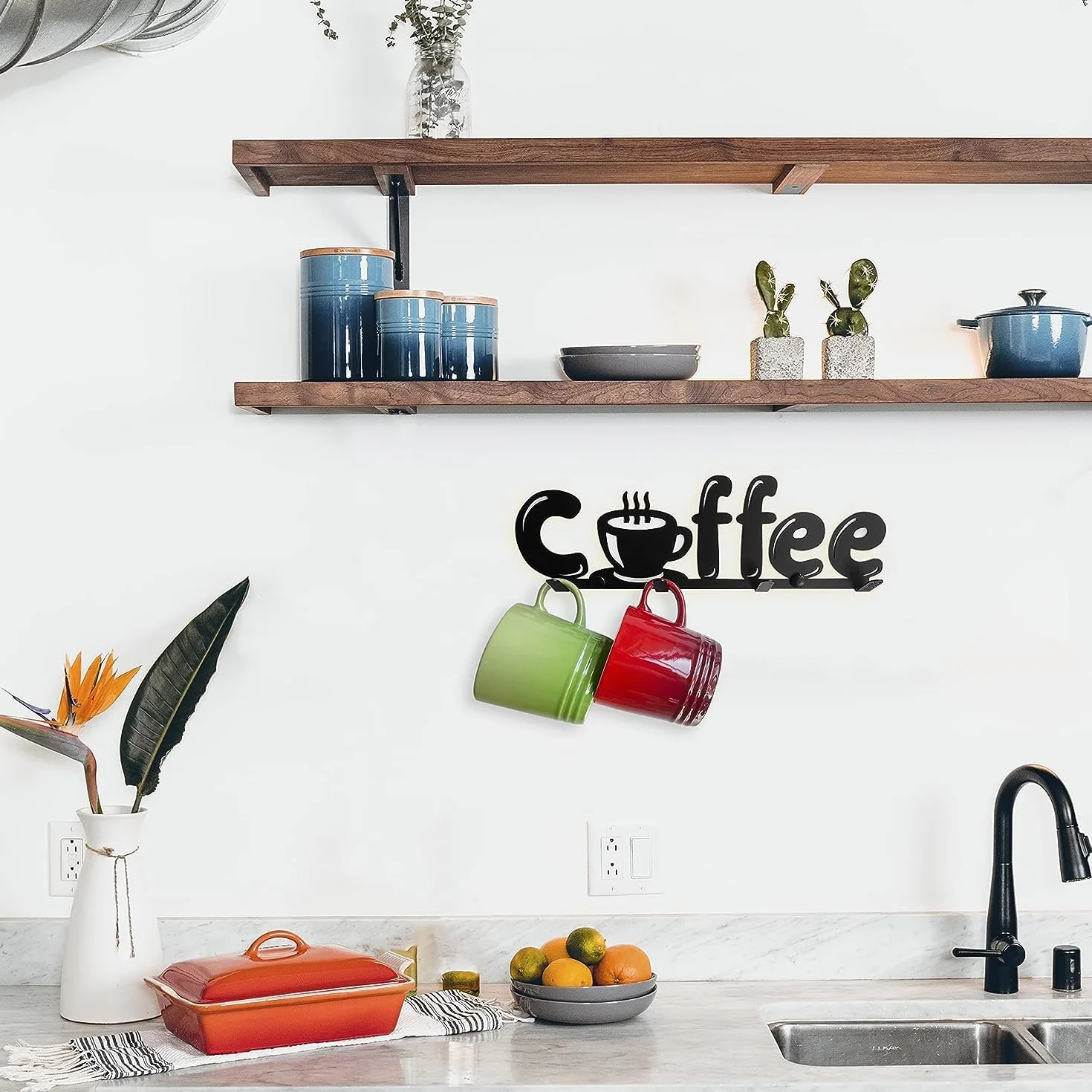 Soporte para Tazas de Café de Pared. Colgador Estante de Metal con Decoración de Cocina Coffee. (1, Negro)