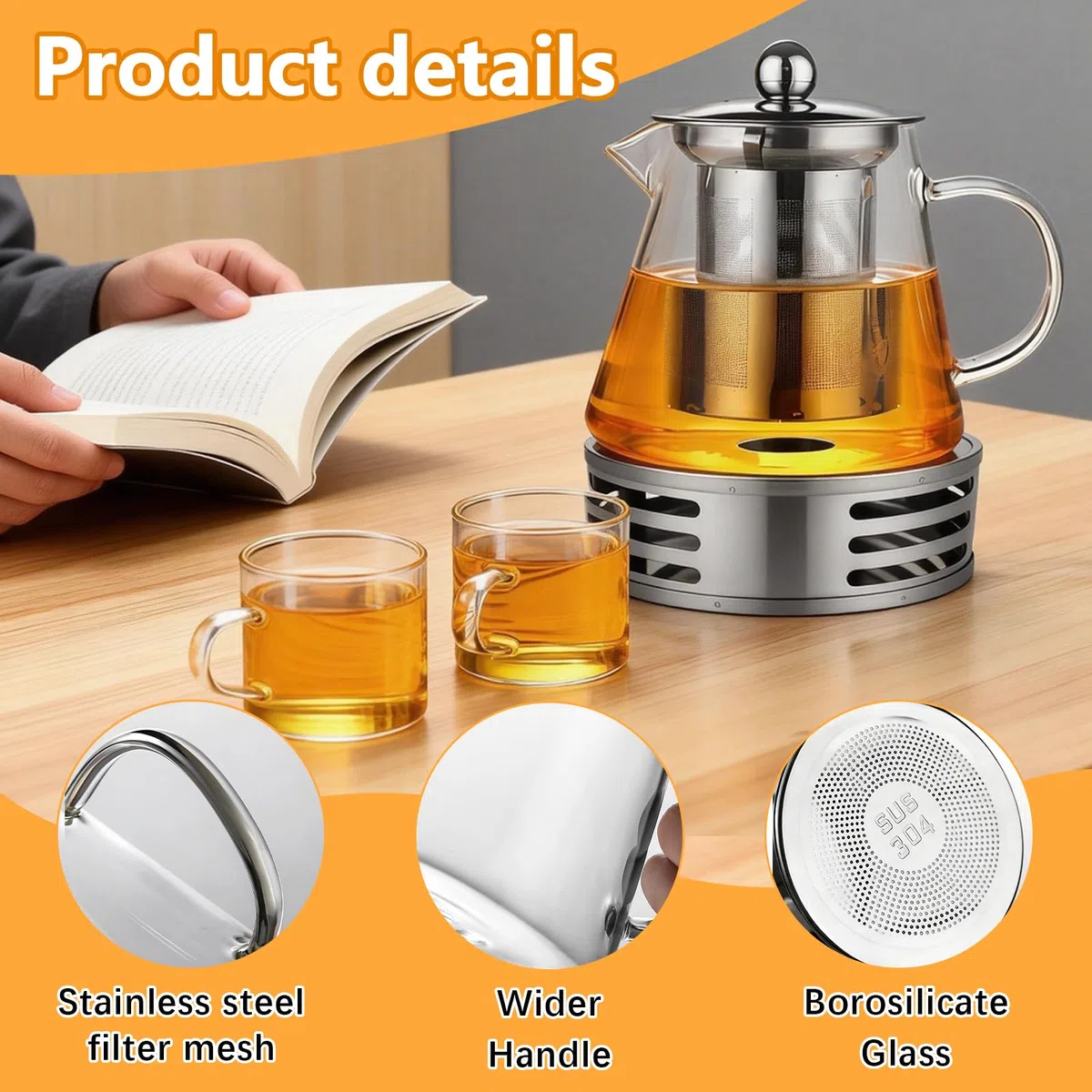 Teteras de Vidrio con Infusor, 1300ML Tetera de Cristal Borosilicato con 4 Tazas Tetera de Cristal para Hornillo con Calientaplatos Tea Pot Transparente Cristal para Té Hojas Sueltas Frutas Flor