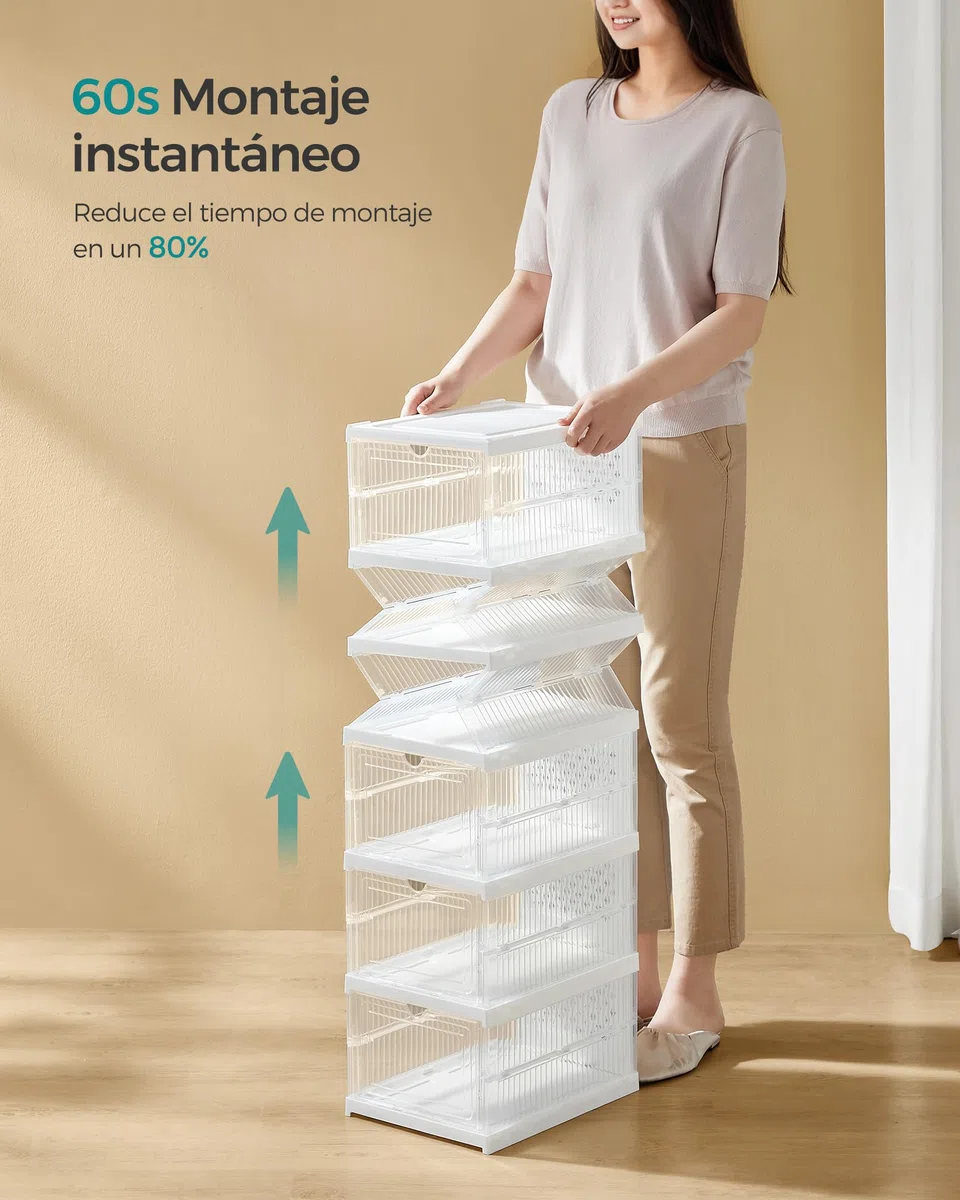 SONGMICS Cajas para Zapatos, Juego de 12 Organizadores Apilables para Zapatos, Juego de 2 Zapatero Plegable y Portátil, hasta talla 46, Montaje en 60s, Transparente y Blanco Nube LSP206W01