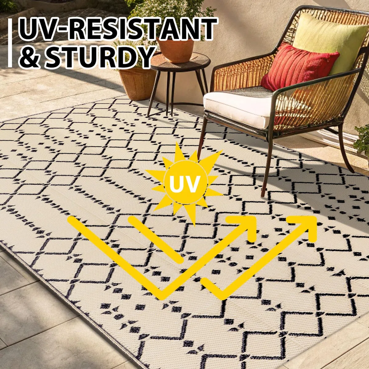 Homaxy Alfombra de exterior resistente a la intemperie, 120 x 180 cm, utilizable por ambos lados, resistente al agua, alfombra bohemia para terraza, jardín, balcón, camping, picnic, color beige