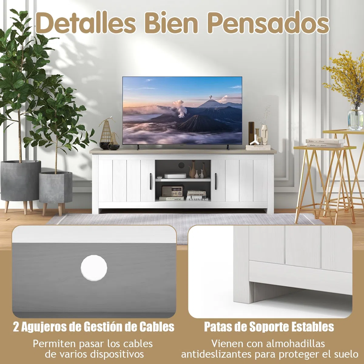 GYMAX Mueble TV de hasta 65 Pulgadas, Mesa Television de Madera con 2 Armarios y Estantes Abiertos, Mueble Bajo TV con Puertas para Salón y Dormitorio, 145 x 40 x 50 cm(Blanco+Marrón)
