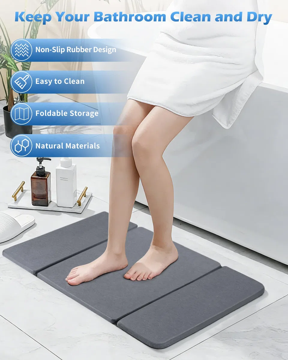 MOWETOO Alfombra Diatomita Baño - Plegable Alfombrilla Baño Secado Rápido 60x39 cm, Antideslizante Piedra Diatomita Bath Mat Hogar y Cocina Accesorios