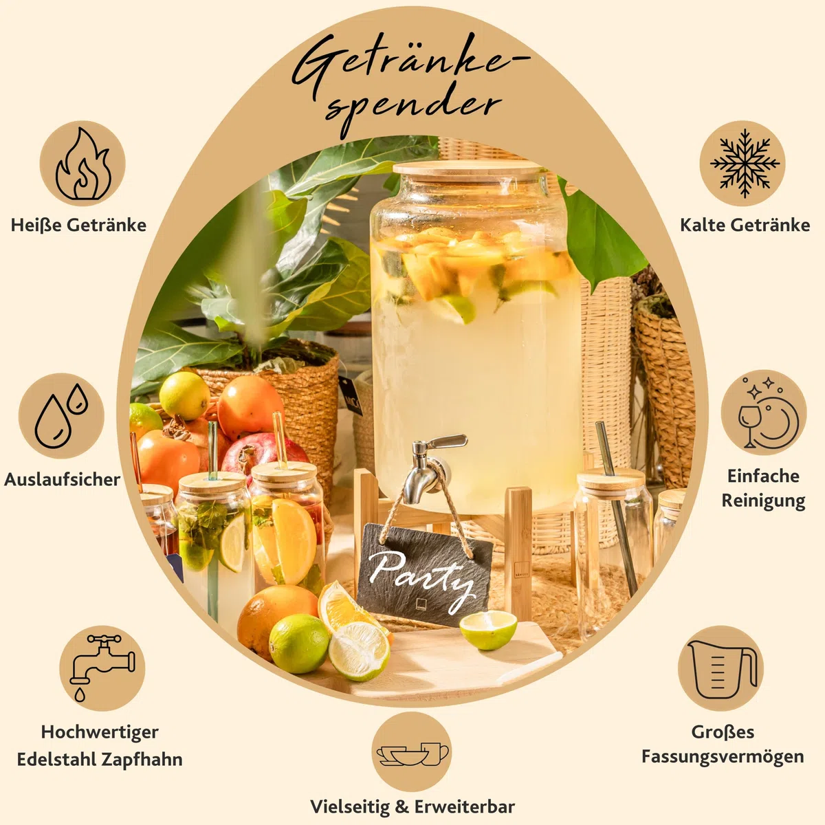 Sänger Juego de cuencos con pajitas de cristal y vasos, recipiente con tapa de madera, dispensador de bebidas con grifo, incluye 6 vasos, dispensador de bebidas para vino caliente y bote, recipiente